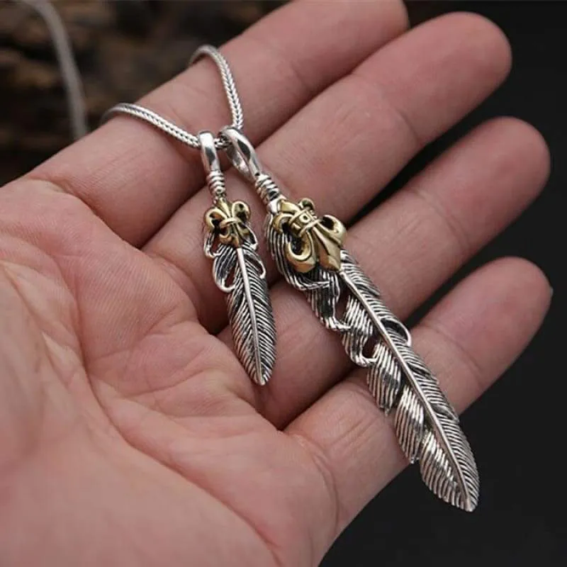 Vintage Indian Style Solid Sterling Silver 925 Feather Pendant Charms For Necklace Men Women Gothic Punk Style Cool Mens Jewelry