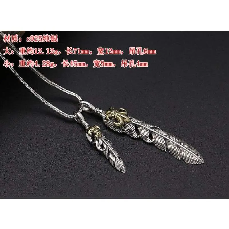 Vintage Indian Style Solid Sterling Silver 925 Feather Pendant Charms For Necklace Men Women Gothic Punk Style Cool Mens Jewelry