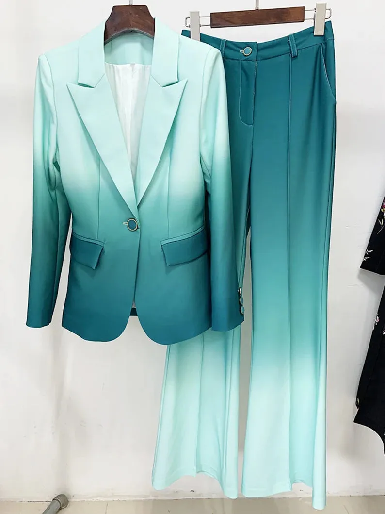 Women Luxury Green Gradient Color Blazer   Mid-High Rise Flare Trousers Pants Suit, Graduation, Wedding, Speech Day, Office, Formal Event