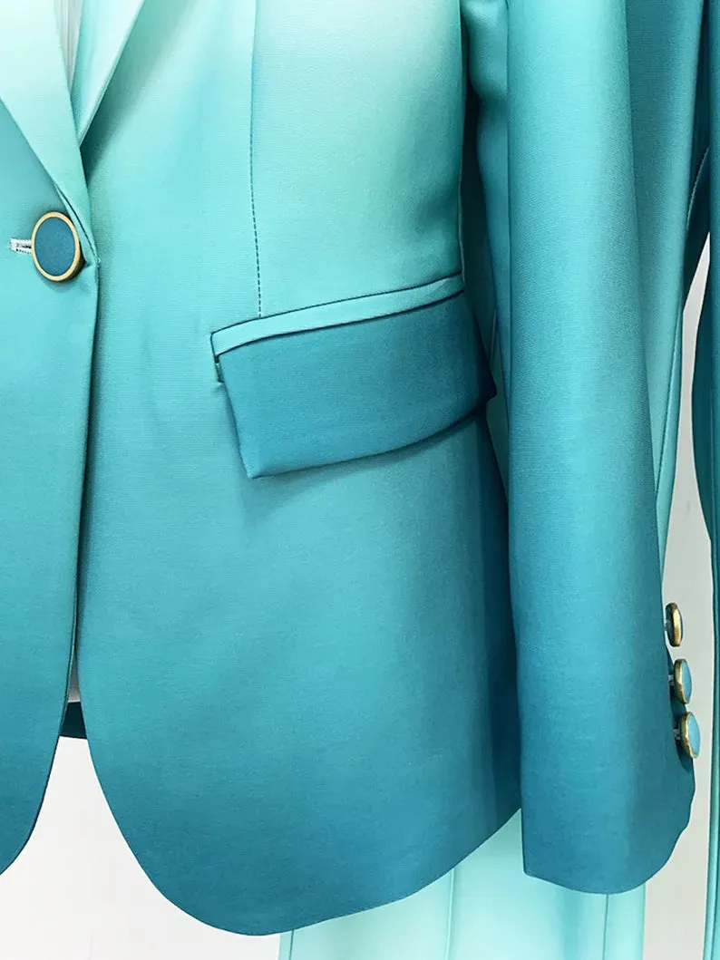 Women Luxury Green Gradient Color Blazer   Mid-High Rise Flare Trousers Pants Suit, Graduation, Wedding, Speech Day, Office, Formal Event